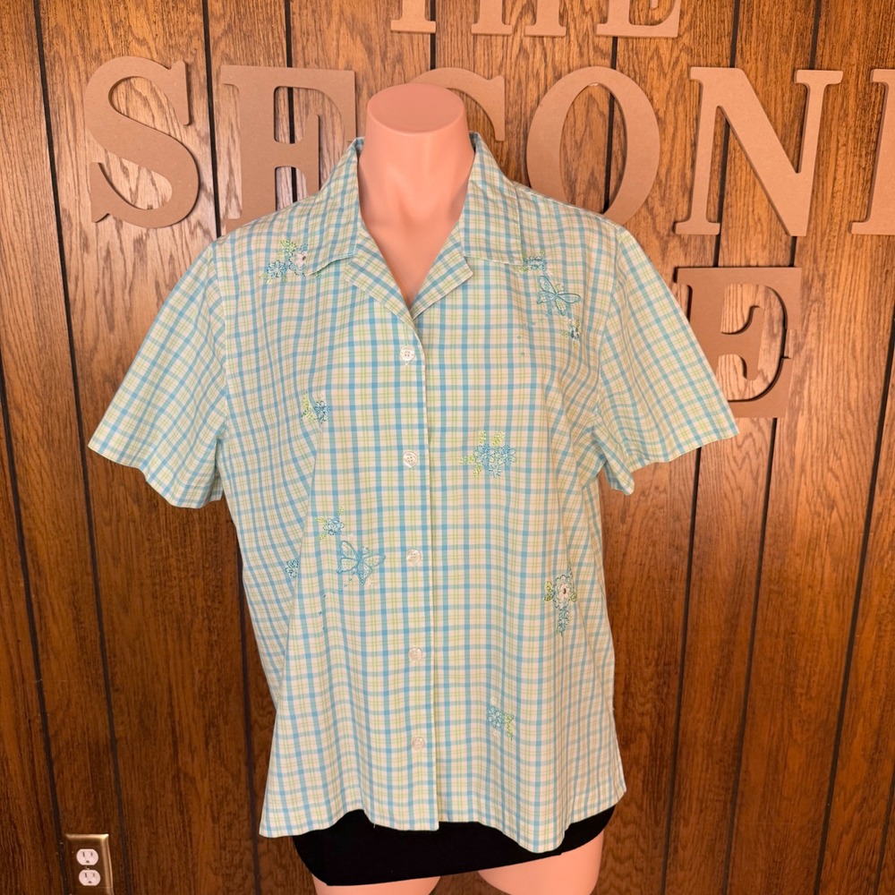 Alfred Dunner Button Down Top Women Blue Green Plaid Embroidered 90s Cottagecore